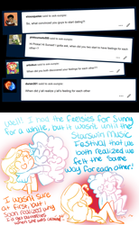 Size: 1280x2080 | Tagged: safe, artist:ask-sunpie, artist:wimsie, character:pinkie pie, character:sunset shimmer, ship:sunsetpie, equestria girls:sunset's backstage pass, g4, my little pony: equestria girls, my little pony:equestria girls, spoiler:eqg series (season 2), ask, blushing, clothing, dialogue, eyes closed, female, heart, heart mouth, hug, humanized, lesbian, open mouth, shipping, shirt, smiling, tumblr:ask sunpie