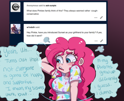 Size: 1280x1040 | Tagged: safe, artist:ask-sunpie, artist:wimsie, character:pinkie pie, species:human, ask, blouse, clothing, dialogue, humanized, implied homophobia, implied sunsetpie, pants, scratching, tumblr:ask sunpie