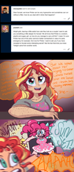 Size: 1280x2995 | Tagged: safe, artist:ask-sunpie, artist:wimsie, character:pinkie pie, character:sunset shimmer, species:human, ship:sunsetpie, ask, band shirt, blouse, clothing, comic, dialogue, door, door slam, dress, female, heart, humanized, lesbian, onomatopoeia, postcrush, screaming, shipping, tumblr:ask sunpie