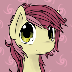 Size: 800x800 | Tagged: safe, artist:eshredder, character:roseluck, species:pony, bust, cute, cuteluck, eye clipping through hair, female, looking at you, mare, portrait, red background, simple background, solo