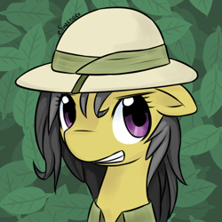Size: 800x800 | Tagged: safe, artist:eshredder, character:daring do, species:pegasus, species:pony, bust, cute, daring dorable, female, green background, leaf, mare, portrait, simple background, smiling, solo