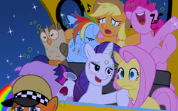 Size: 6400x4000 | Tagged: safe, artist:bipole, character:applejack, character:fluttershy, character:owlowiscious, character:pinkie pie, character:rainbow dash, character:rarity, character:twilight sparkle, designated driver, drunk, drunk aj, drunk driving, drunk rarity, drunk twilight, drunker dash, drunkie pie, flirting, mane six, puking rainbows, restless legs syndrome, riding, sad, shocked, singing, sleeping, snoring, taxi, taxi driver, wine
