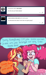 Size: 1280x2080 | Tagged: safe, artist:ask-sunpie, artist:wimsie, character:pinkie pie, character:sunset shimmer, species:human, ship:sunsetpie, ask, blouse, clothing, comic, dialogue, dress, female, holding hands, humanized, lesbian, ribbon, shipping, shirt, tumblr:ask sunpie