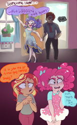 Size: 1280x2080 | Tagged: safe, artist:ask-sunpie, artist:wimsie, character:pinkie pie, character:rarity, character:sunset shimmer, oc, oc:shade, species:human, ship:sunsetpie, blouse, cactus, clothing, cloud, comic, dialogue, door, dress, ear piercing, earring, female, holding hands, humanized, jewelry, lesbian, necktie, pants, piercing, shadow, shipping, shirt, shoes, sky, tumblr:ask sunpie, window