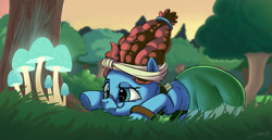 Size: 5250x2700 | Tagged: safe, artist:silverhopexiii, character:meadowbrook, species:earth pony, species:pony, g4, bioluminescent, clothing, eyebrows, eyelashes, female, forest, glasses, high res, mare, mushroom, prone, skirt, solo, tree