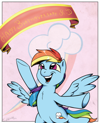 Size: 2050x2500 | Tagged: safe, artist:silverhopexiii, character:rainbow dash, species:pony, banner, female, flight, happy, high res, pink eyes, smiling, solo
