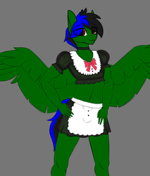 Size: 1700x2000 | Tagged: safe, artist:endelthepegasus, oc, oc only, oc:endel frostlion, species:anthro, anthro oc, choker, clothing, crossdressing, femboy, gray background, looking at you, male, simple background, smiling, solo, spread wings, wings