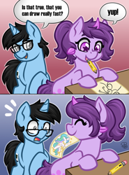 Size: 1020x1380 | Tagged: safe, artist:sabrib, character:princess celestia, oc, oc only, oc:moonzy, oc:tinker doo, species:pony, species:unicorn, comic, dialogue, drawing, girly, glasses, pencil, pencil drawing, surprised, text, traditional art