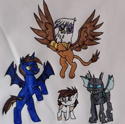 Size: 594x592 | Tagged: safe, artist:agirlwholovesmlp, character:gilda, character:pipsqueak, character:thorax, oc, unnamed oc, species:bat pony, species:changeling, species:earth pony, species:griffon, species:pony, bat pony oc, bat wings, colt, fangs, female, flying, foal, looking at you, male, simple background, smiling, standing, traditional art, white background, wings