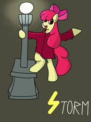 Size: 3000x4000 | Tagged: safe, artist:shooting star, character:apple bloom, species:earth pony, species:pony, cel shading, female, light pole, raincoat, ribbon, shading, solo