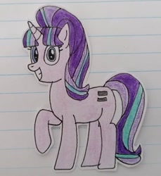 Size: 533x583 | Tagged: safe, artist:agirlwholovesmlp, character:starlight glimmer, species:pony, species:unicorn, episode:the cutie map, g4, my little pony: friendship is magic, creepy, equal cutie mark, female, grin, lined paper, looking at you, mare, one hoof raised, s5 starlight, smiling, smiling at you, solo, standing, traditional art