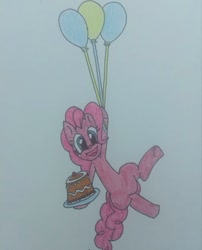 Size: 750x927 | Tagged: safe, artist:agirlwholovesmlp, character:pinkie pie, species:earth pony, species:pony, balloon, cake, cute, dessert, diapinkes, female, floating, food, looking at you, mare, open mouth, simple background, smiling, smiling at you, solo, then watch her balloons lift her up to the sky, traditional art, white background