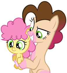 Size: 760x822 | Tagged: safe, artist:mlptmntdisneykauane, base used, character:li'l cheese, oc, oc:candy pie, parent:cheese sandwich, parent:pinkie pie, parents:cheesepie, species:earth pony, species:pony, episode:the last problem, g4, my little pony: friendship is magic, baby, baby pony, colt, duo, eyelashes, female, grin, holding a pony, male, mare, offspring, siblings, simple background, smiling, transparent background, wide eyes