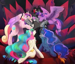 Size: 965x828 | Tagged: safe, artist:wynnchi, character:king sombra, character:princess cadance, character:princess celestia, character:princess luna, character:twilight sparkle, character:twilight sparkle (alicorn), species:alicorn, species:pony, species:unicorn, dark magic, female, harem, king sombra gets all the mares, magic, male, mare, mind control, sombra eyes, straight, throne, throne room