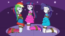 Size: 1280x720 | Tagged: safe, artist:nivek15, artist:sonicrock56, character:rainbow dash, character:rarity, character:twilight sparkle, my little pony:equestria girls, animated, blinking, bondage, bound and gagged, cloth gag, damsel in distress, dashsub, female, femsub, gag, kneeling, looking at you, muffled words, rainbond dash, rarisub, rope, rope bondage, sound, squirming, submissive, tied up, twisub, webm, wide eyes