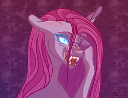 Size: 1280x985 | Tagged: safe, artist:luna dave, character:pinkamena diane pie, character:pinkie pie, species:earth pony, species:pony, colored hooves, crazy face, faec, fangs, female, looking at you, sharp teeth, solo, teeth