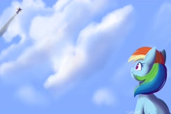 Size: 3600x2400 | Tagged: safe, artist:sakukitty, character:rainbow dash, character:spitfire, species:pegasus, species:pony, clothing, cloud, female, flying, looking up, mare, sitting, sky, smiling, solo focus, spread wings, trail, uniform, wings, wonderbolts uniform