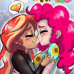 Size: 768x768 | Tagged: safe, artist:ask-sunpie, artist:wimsie, character:pinkie pie, character:sunset shimmer, species:human, ship:sunsetpie, blouse, blushing, clothing, female, floral print, flower, heart, humanized, jacket, lesbian, nuzzling, shipping, sunflower, tumblr:ask sunpie