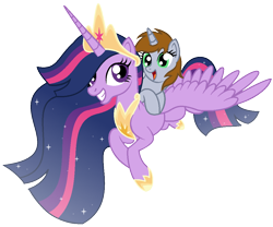 Size: 1046x870 | Tagged: safe, artist:mlptmntdisneykauane, character:twilight sparkle, character:twilight sparkle (alicorn), oc, oc:littlepip, species:alicorn, species:pony, fallout equestria, episode:the last problem, g4, my little pony: friendship is magic, crown, cute, duo, female, filly, flying, jewelry, looking at each other, mare, ocbetes, older, older twilight, pipabetes, princess twilight 2.0, regalia, simple background, smiling, transparent background, twiabetes, ultimate twilight, wings
