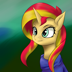 Size: 2362x2362 | Tagged: safe, artist:guatergau5, character:sunset shimmer, species:pony, species:unicorn, bust, clothing, female, mare, portrait, solo