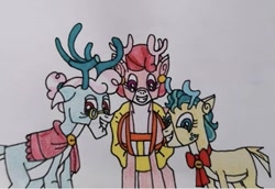 Size: 543x374 | Tagged: safe, artist:agirlwholovesmlp, character:alice, character:aurora, character:bori, species:deer, species:reindeer, female, grin, looking at you, simple background, smiling, smiling at you, traditional art, trio, trio female, white background