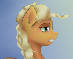 Size: 2480x2008 | Tagged: safe, artist:guatergau5, character:applejack, species:earth pony, species:pony, alternate hairstyle, applejewel, bust, female, lidded eyes, mare, missing accessory, solo