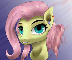 Size: 4252x3543 | Tagged: safe, artist:guatergau5, character:fluttershy, species:pegasus, species:pony, bust, ear piercing, earbuds, earring, female, gradient background, jewelry, looking at you, mare, piercing, portrait, smiling, solo, three quarter view