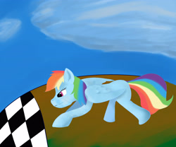 Size: 4122x3435 | Tagged: safe, artist:guatergau5, character:rainbow dash, species:pegasus, species:pony, clothing, cloud, grass, race, sky, traditional art