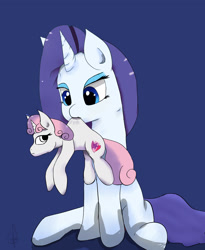Size: 1259x1536 | Tagged: safe, artist:guatergau5, character:rarity, character:sweetie belle, species:pony, species:unicorn, behaving like a cat, belle sisters, blue background, mouth hold, scruff, simple background