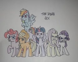 Size: 518x417 | Tagged: safe, artist:agirlwholovesmlp, character:applejack, character:fluttershy, character:mean applejack, character:mean fluttershy, character:mean pinkie pie, character:mean rainbow dash, character:mean rarity, character:mean twilight sparkle, character:rainbow dash, character:rarity, character:twilight sparkle, character:twilight sparkle (alicorn), species:alicorn, species:earth pony, species:pegasus, species:pony, species:unicorn, episode:the mean 6, g4, my little pony: friendship is magic, applejack's hat, clone, clone six, clothing, cowboy hat, female, hat, mare, simple background, text, traditional art, white background