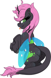 Size: 2164x3299 | Tagged: safe, artist:lunarcipher1, oc, oc only, oc:oculus, species:changeling, ass, butt, fangs, female, green changeling, insect wings, long mane, looking at you, rear view, seductive, simple background, solo, tongue out, transparent background, wingding eyes, wings