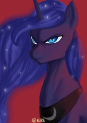 Size: 1280x1819 | Tagged: safe, artist:nire, character:nightmare moon, character:princess luna, digital painting, ethereal mane, female, frown, galaxy mane, red background, signature, simple background, slit eyes, solo, windswept mane