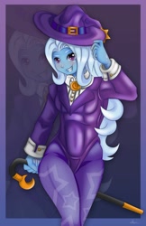 Size: 1280x1979 | Tagged: safe, artist:jennobasilicum, character:trixie, my little pony:equestria girls, cane, clothing, female, hat, smiling, zoom layer