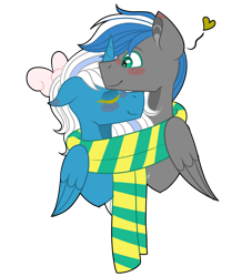 Size: 852x938 | Tagged: safe, artist:king-justin, oc, oc:cloud zapper, oc:fleurbelle, species:alicorn, species:pegasus, species:pony, alicorn oc, blushing, clothing, eyes closed, female, fleurpper, green eyes, horn, mare, nuzzling, pegasus oc, scarf, shipping, simple background, smiling, transparent background, wings