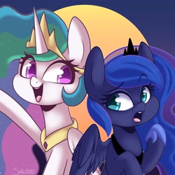 Size: 4096x4095 | Tagged: safe, artist:sakukitty, character:princess celestia, character:princess luna, species:alicorn, species:pony, absurd resolution, crown, cute, cutelestia, duo, female, flowing mane, hoof shoes, jewelry, looking at each other, lunabetes, mare, open mouth, peytral, regalia, royal sisters, siblings, sisters, smiling
