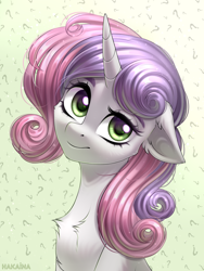 Size: 2250x2990 | Tagged: safe, artist:hakaina, character:sweetie belle, species:pony, species:unicorn, g4, abstract background, bust, chest fluff, colored eyebrows, cute, diasweetes, ear fluff, eyebrows, female, floppy ears, high res, looking at you, portrait, signature, solo
