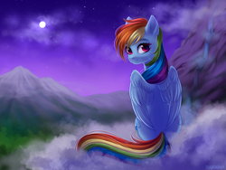 Size: 2000x1500 | Tagged: safe, artist:hakaina, character:rainbow dash, species:pegasus, species:pony, cute, dashabetes, female, full moon, looking at you, looking back, looking back at you, mare, moon, mountain, night, sitting, sky, smiling, solo, starry night, stars, waterfall