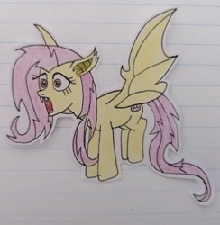Size: 547x561 | Tagged: safe, artist:agirlwholovesmlp, character:flutterbat, character:fluttershy, species:bat pony, species:pony, bat ponified, female, flying, lined paper, mare, open mouth, race swap, shocked, solo, spread wings, traditional art, wings