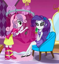Size: 857x933 | Tagged: safe, artist:bleedingwings12, character:rarity, character:sweetie belle, my little pony:equestria girls, barrette, belt, blank expression, boots, carousel boutique, chair, clothing, curtain, dress, feet, female, headband, hypnosis, hypnotist, hypnotized, jacket, legs, mirror, pendulum swing, pocket watch, rug, sandals, shoes, siblings, sisters, sitting, skirt, smiling, sundress, swirly eyes