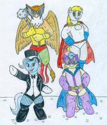Size: 850x991 | Tagged: safe, artist:jose-ramiro, character:bon bon, character:derpy hooves, character:gilda, character:sweetie drops, character:trixie, clothing, cosplay, costume, hawkman, hoof gloves, huntress, power girl, zatanna