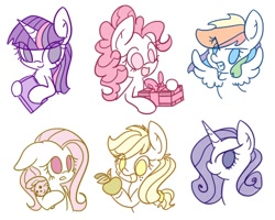 Size: 500x400 | Tagged: safe, artist:anggrc, character:applejack, character:fluttershy, character:pinkie pie, character:rainbow dash, character:rarity, character:twilight sparkle, apple, book, bust, female, mane six, no pupils, plushie, present, profile, spread wings, wings