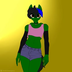 Size: 2000x2000 | Tagged: safe, artist:endelthepegasus, oc, oc only, oc:endel frostlion, species:anthro, anthro oc, belly button, choker, clothing, denim shorts, femboy, green fur, hazel eyes, looking at you, male, multicolored hair, shirt, short shirt, shorts, simple background, solo, tank top, tomboy, yellow background