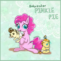 Size: 1000x1000 | Tagged: safe, artist:bunina, character:pinkie pie, character:pound cake, character:pumpkin cake, species:earth pony, species:pegasus, species:pony, species:unicorn, baby, baby pony, babysitting, cake twins, cute, diaper, female, foalsitter, foalsitting, mare, mouth hold, siblings, sitting, twins