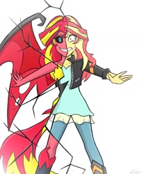 Size: 1280x1565 | Tagged: safe, artist:elioo, character:sunset satan, character:sunset shimmer, g4, my little pony:equestria girls, broken glass, crying, demon, demon wings, duality, grin, gritted teeth, smiling, sunset satan, wings