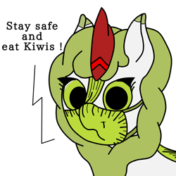 Size: 3000x3000 | Tagged: safe, artist:juani236, oc, oc only, oc:kiwin, species:kirin, coronavirus, covid-19, face mask, food, fruit, kirin oc, kiwi fruit, looking at you, mask, ppe, simple background, solo, stay at home, text, transparent background
