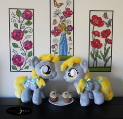Size: 1280x1238 | Tagged: safe, artist:purplenebulastudios, character:derpy hooves, species:pony, duality, female, filly, filly derpy, food, irl, muffin, photo, plushie, ponidox, self ponidox, younger