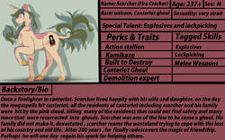 Size: 3209x2000 | Tagged: safe, artist:shirofluff, oc, oc only, oc:scorcher, species:pony, species:unicorn, fallout equestria, bio, canterlot ghoul, foe, ghoul, male, raised hoof, reference sheet, scar, shadow, solo, stallion, undead