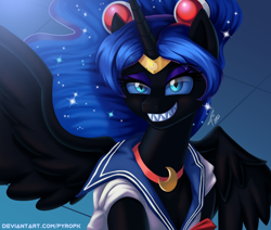 Size: 700x594 | Tagged: safe, artist:pyropk, character:nightmare moon, character:princess luna, species:alicorn, species:pony, species:unicorn, canines, challenge, clothing, cosplay, costume, fangs, female, mare, sailor moon, sailor moon redraw meme, sailor uniform, serena tsukino, sharp teeth, smiling, solo, teeth, tsukino usagi, uniform, wings