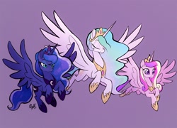 Size: 1500x1080 | Tagged: safe, artist:rollingrabbit, character:princess cadance, character:princess celestia, character:princess luna, species:alicorn, species:pony, alicorn triarchy, crown, ethereal mane, eyes closed, female, flowing mane, flying, hoof shoes, jewelry, mare, movie accurate, official fan art, peytral, regalia, smiling, spread wings, trio, wings