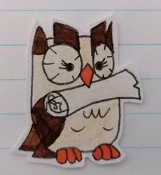 Size: 486x529 | Tagged: safe, artist:agirlwholovesmlp, character:owlowiscious, species:bird, species:owl, lined paper, male, scroll, solo, traditional art